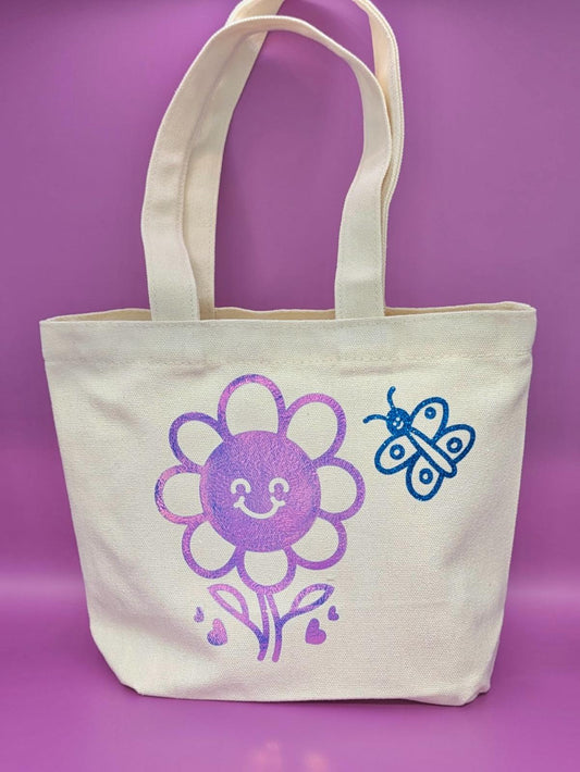 Mini tote bag pink flower blue butterfly